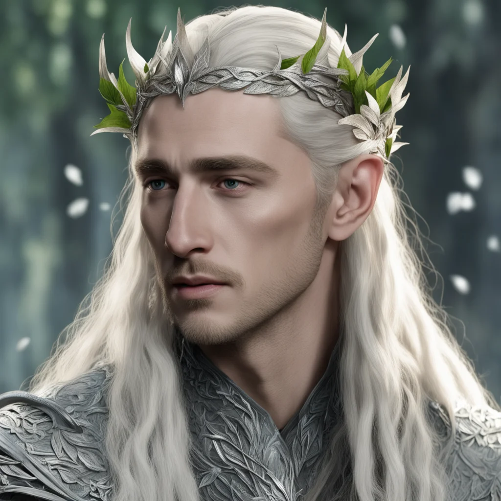 aiking thranduil with blond hair with braids wearing birch leaves made of silver with silver elvish circlet with diamonds confident engaging wow artstation art 3