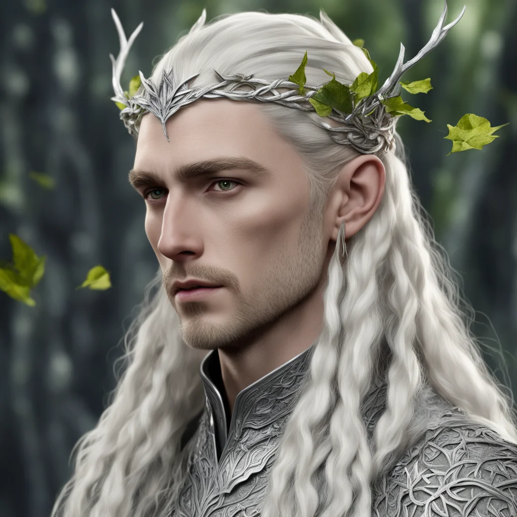 aiking thranduil with blond hair with braids wearing birch leaves made of silver with silver elvish circlet with diamonds good looking trending fantastic 1