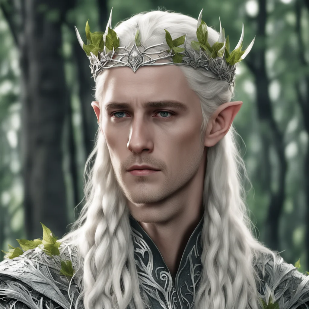 aiking thranduil with blond hair with braids wearing birch leaves made of silver with silver elvish circlet with diamonds