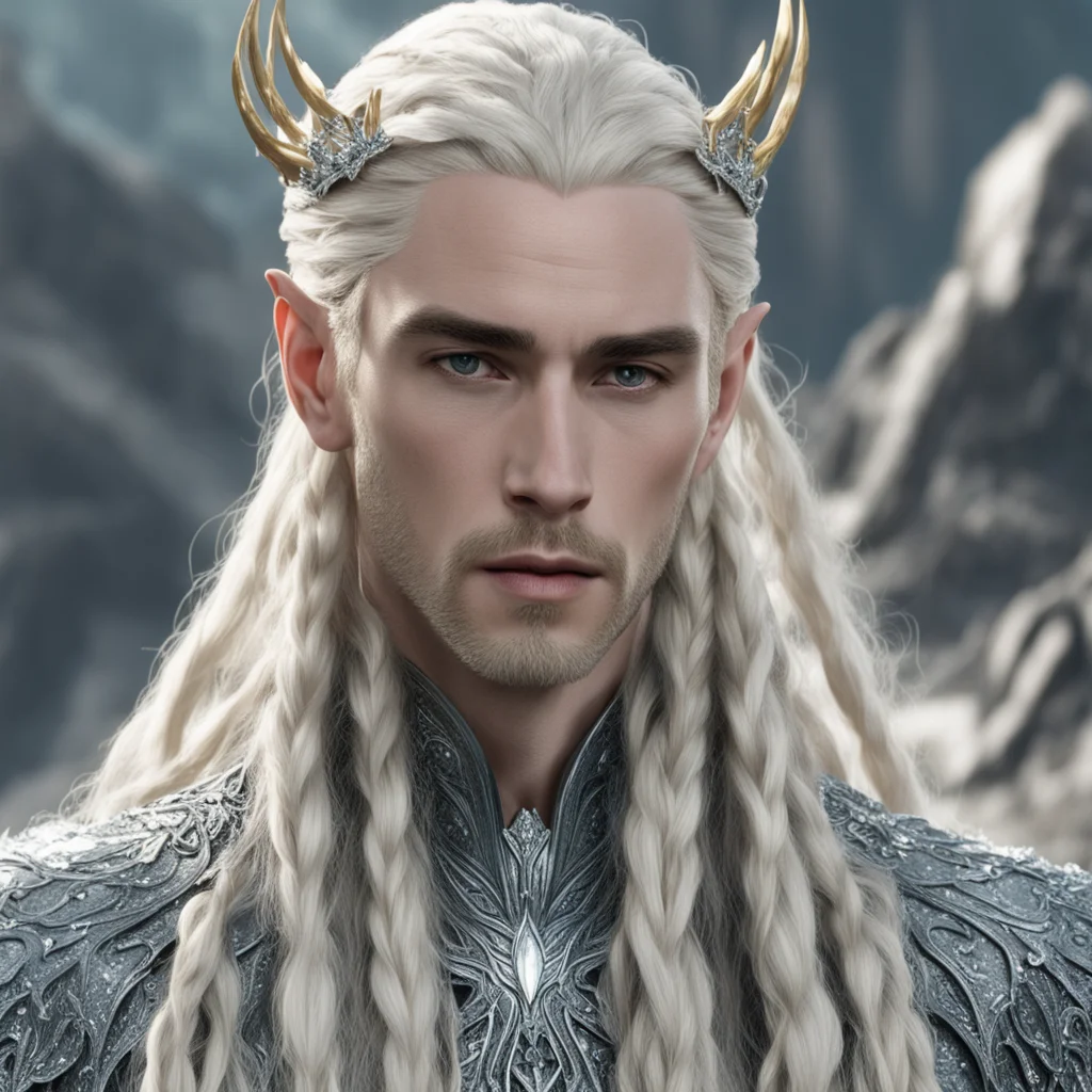 aiking thranduil with blond hair with braids wearing large silver sindarin hair forks heavily encrusted with diamonds amazing awesome portrait 2