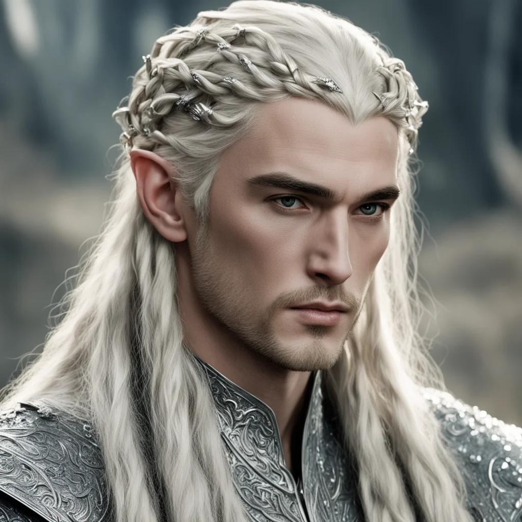 aiking thranduil with blond hair with braids wearing large silver sindarin hair forks heavily encrusted with diamonds good looking trending fantastic 1