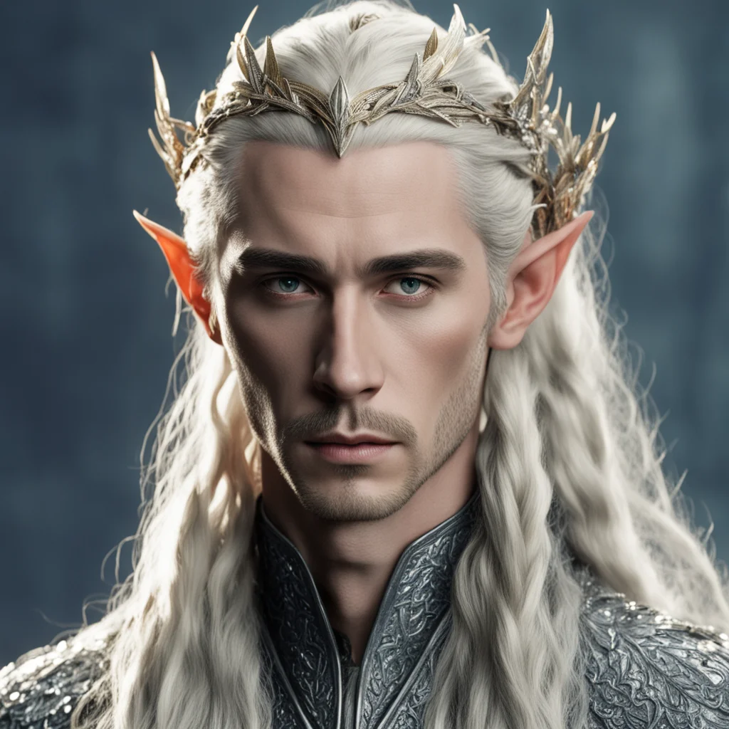 king thranduil with blond hair with braids wearing large silver sindarin hair forks heavily encrusted with diamonds