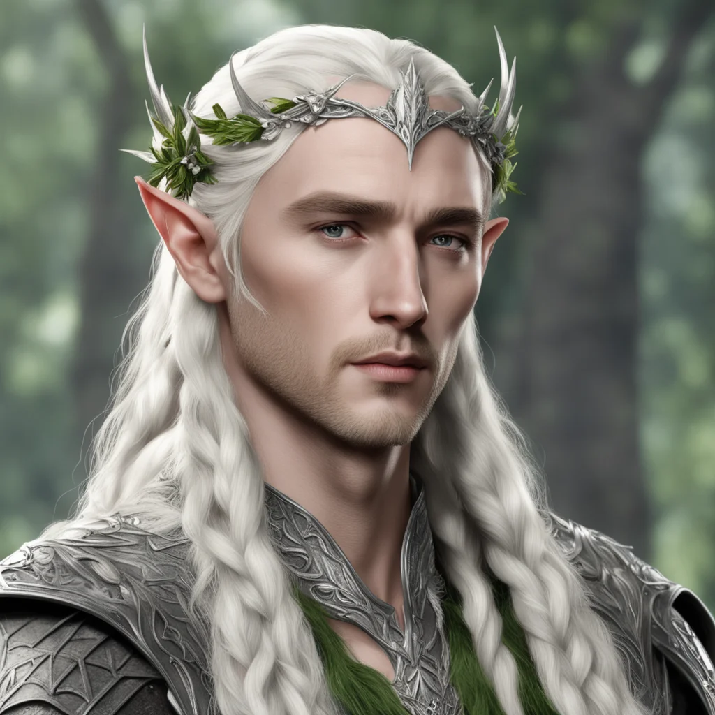 king thranduil with blond hair with braids wearing laurel leaf of silver and diamond berry silver elvish circlet  confident engaging wow artstation art 3