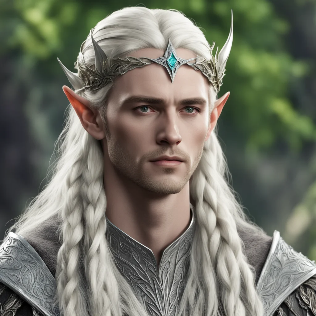 aiking thranduil with blond hair with braids wearing laurel leaf of silver and diamond berry silver elvish circlet 