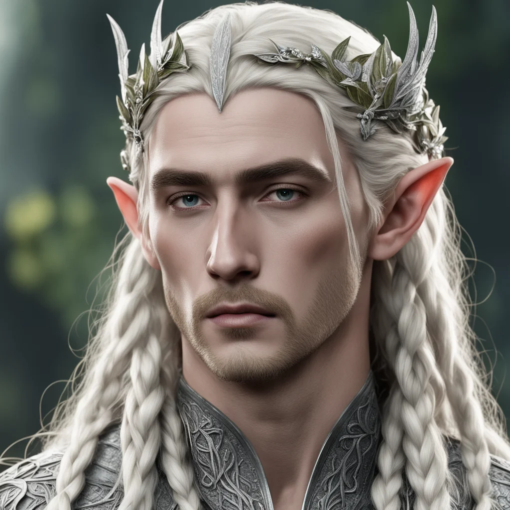 aiking thranduil with blond hair with braids wearing laurel leaf of silver with berry of diamond silver elvish circlet encrusted with diamonds amazing awesome portrait 2