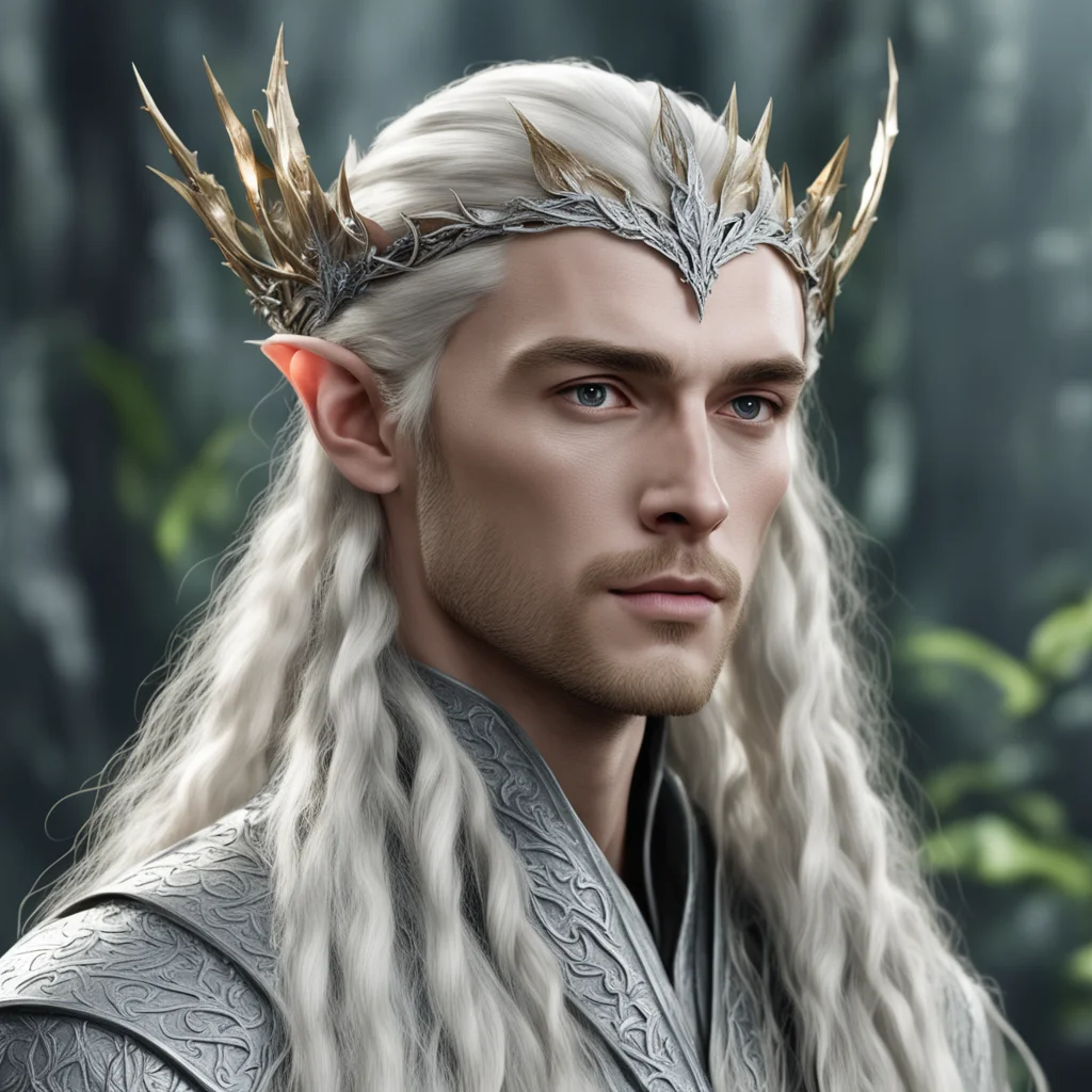 aiking thranduil with blond hair with braids wearing laurel leaf of silver with berry of diamond silver elvish circlet encrusted with diamonds good looking trending fantastic 1