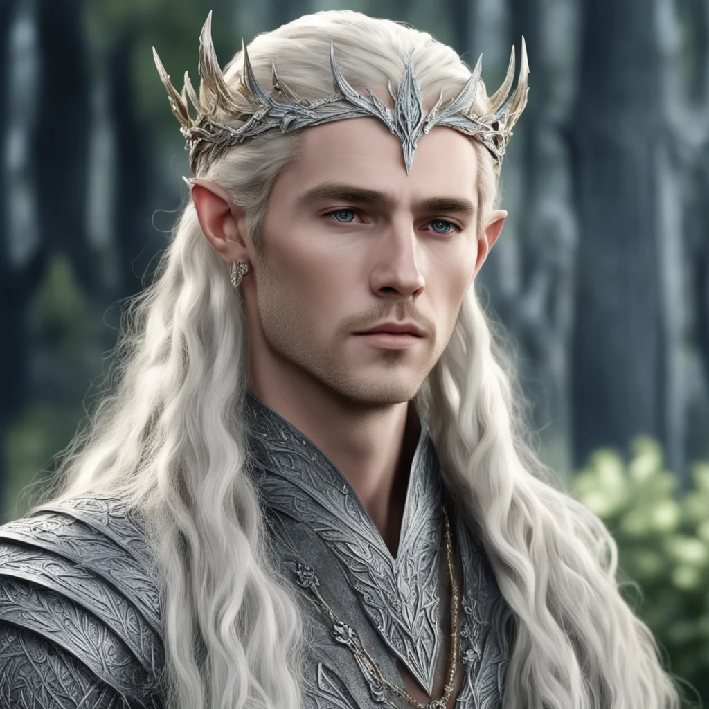 aiking thranduil with blond hair with braids wearing laurel leaf of silver with berry of diamond silver elvish circlet encrusted with diamonds