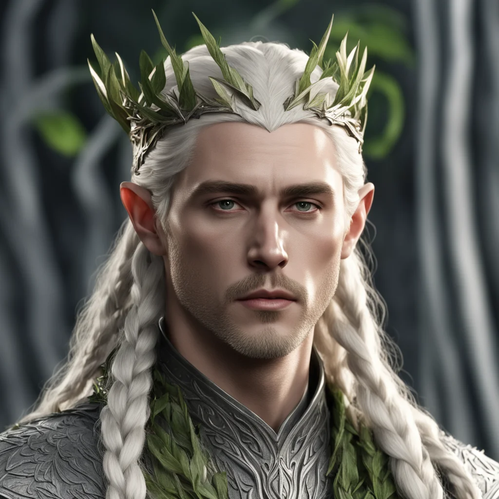 king thranduil with blond hair with braids wearing laurel leaves made of silver on the head
