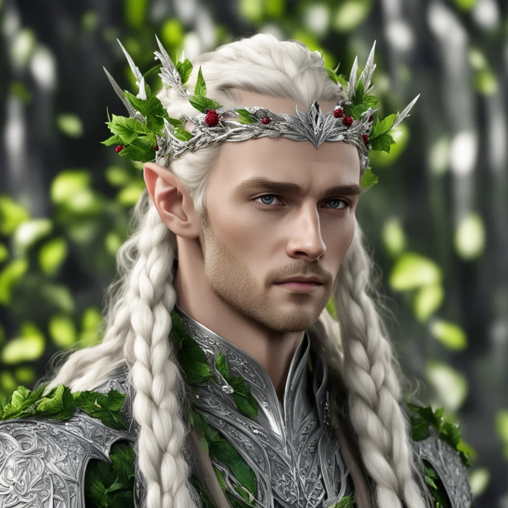 aiking thranduil with blond hair with braids wearing leaves made of silver and berries made of diamonds on the head amazing awesome portrait 2
