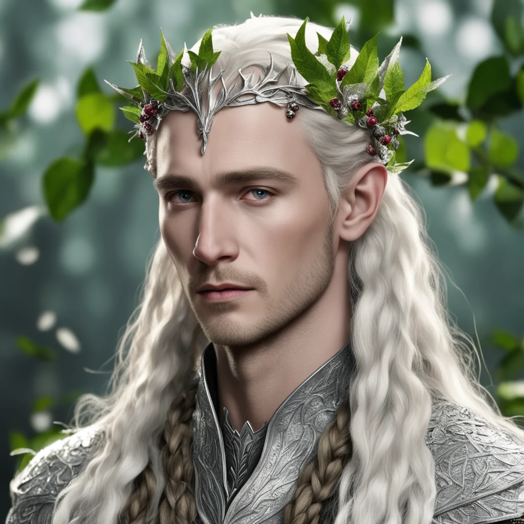 king thranduil with blond hair with braids wearing leaves made of silver and berries made of diamonds on the head