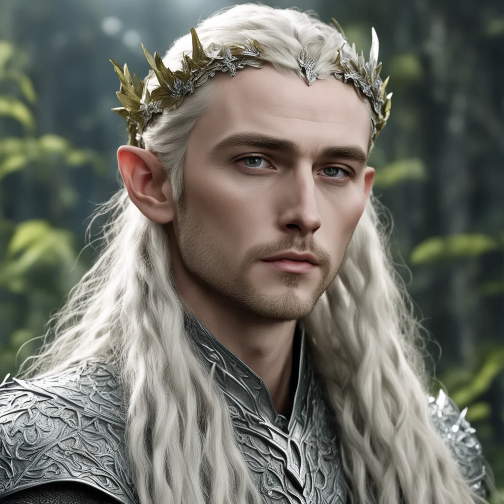 aiking thranduil with blond hair with braids wearing oak leaves of silver elvish circlet encrusted with diamonds  good looking trending fantastic 1