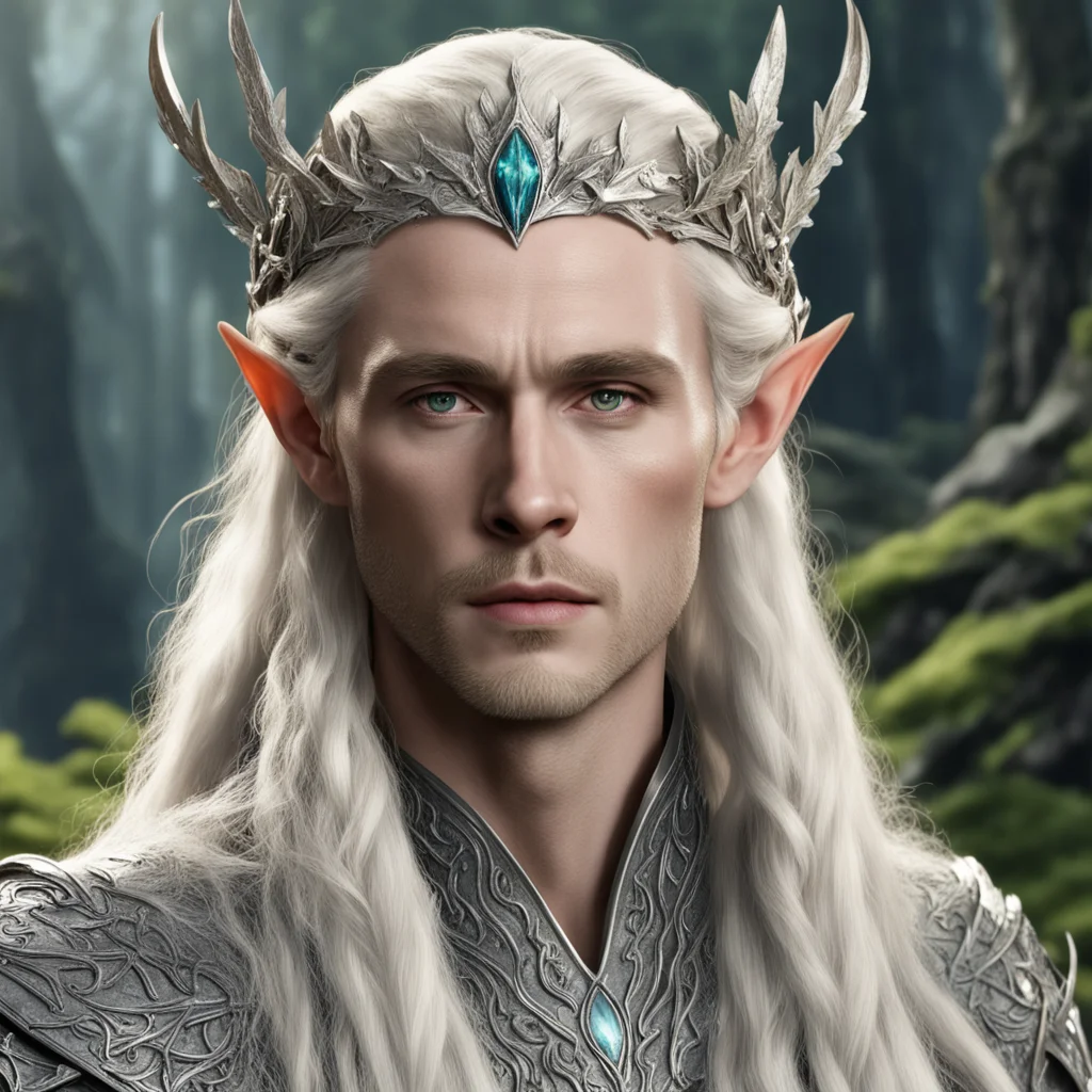 aiking thranduil with blond hair with braids wearing oak leaves of silver elvish circlet encrusted with diamonds 