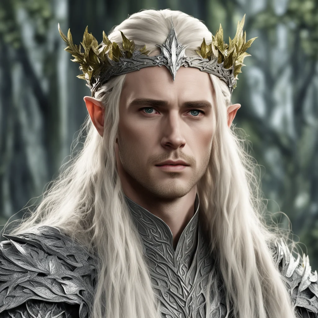 aiking thranduil with blond hair with braids wearing oak leaves of silver elvish circlet encrusted with diamonds confident engaging wow artstation art 3