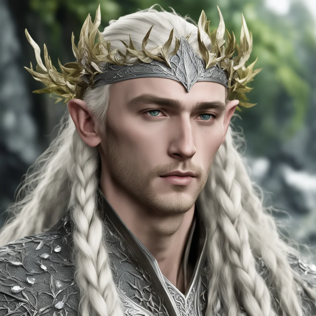 aiking thranduil with blond hair with braids wearing oak leaves of silver elvish circlet encrusted with diamonds good looking trending fantastic 1