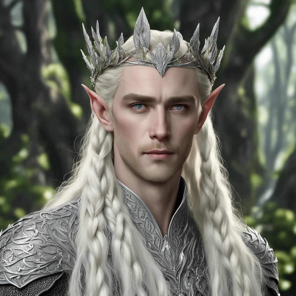 aiking thranduil with blond hair with braids wearing oak leaves of silver elvish circlet encrusted with diamonds