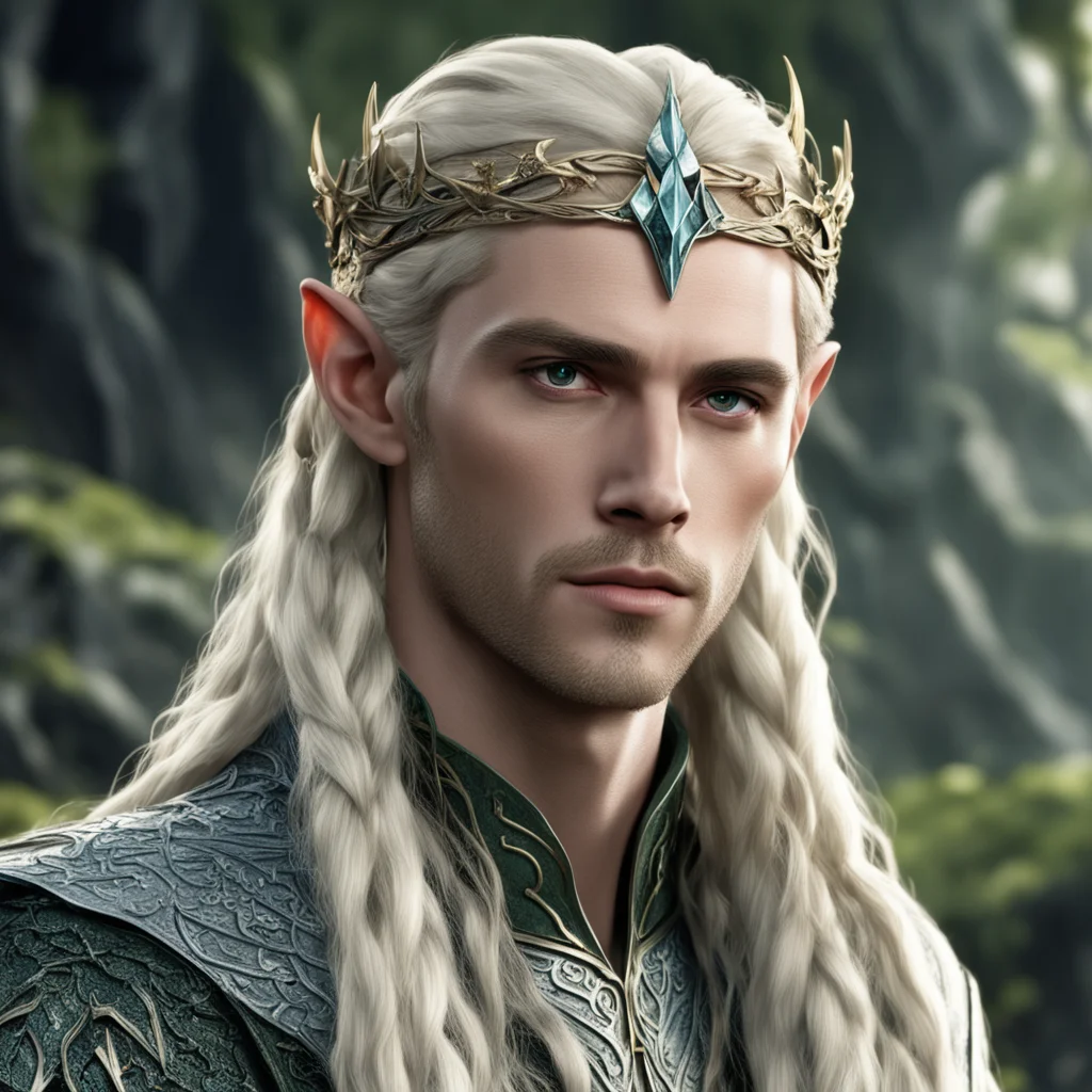 king thranduil with blond hair with braids wearing serpentine elvish circlet encrusted with diamonds