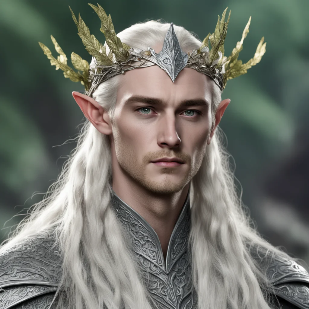 aiking thranduil with blond hair with braids wearing silver beech leaf elvish circlet encrusted with dianonds amazing awesome portrait 2