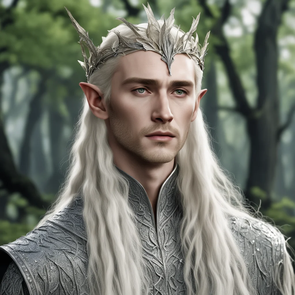 aiking thranduil with blond hair with braids wearing silver beech leaf elvish circlet encrusted with dianonds confident engaging wow artstation art 3