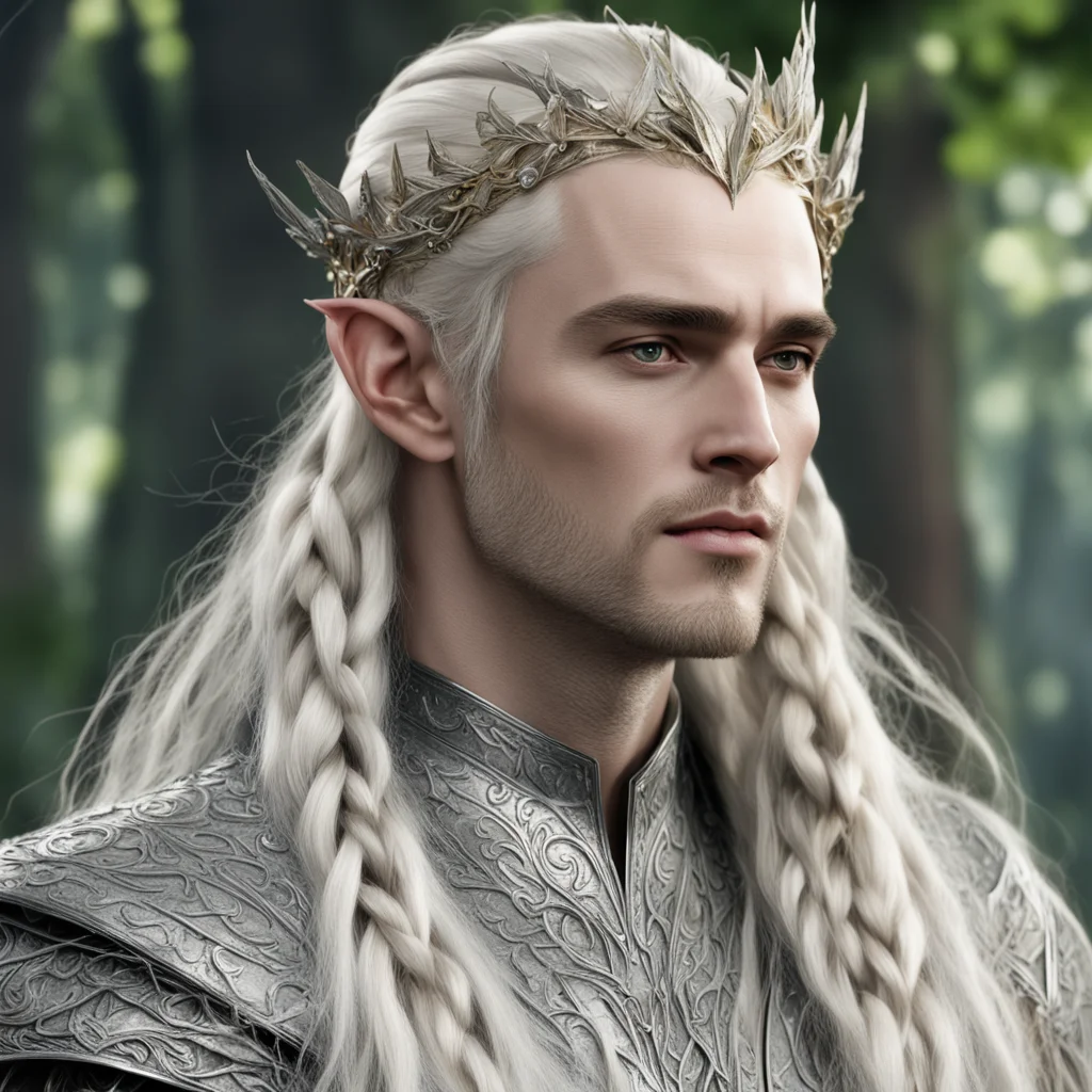 king thranduil with blond hair with braids wearing silver beech leaf elvish circlet encrusted with dianonds