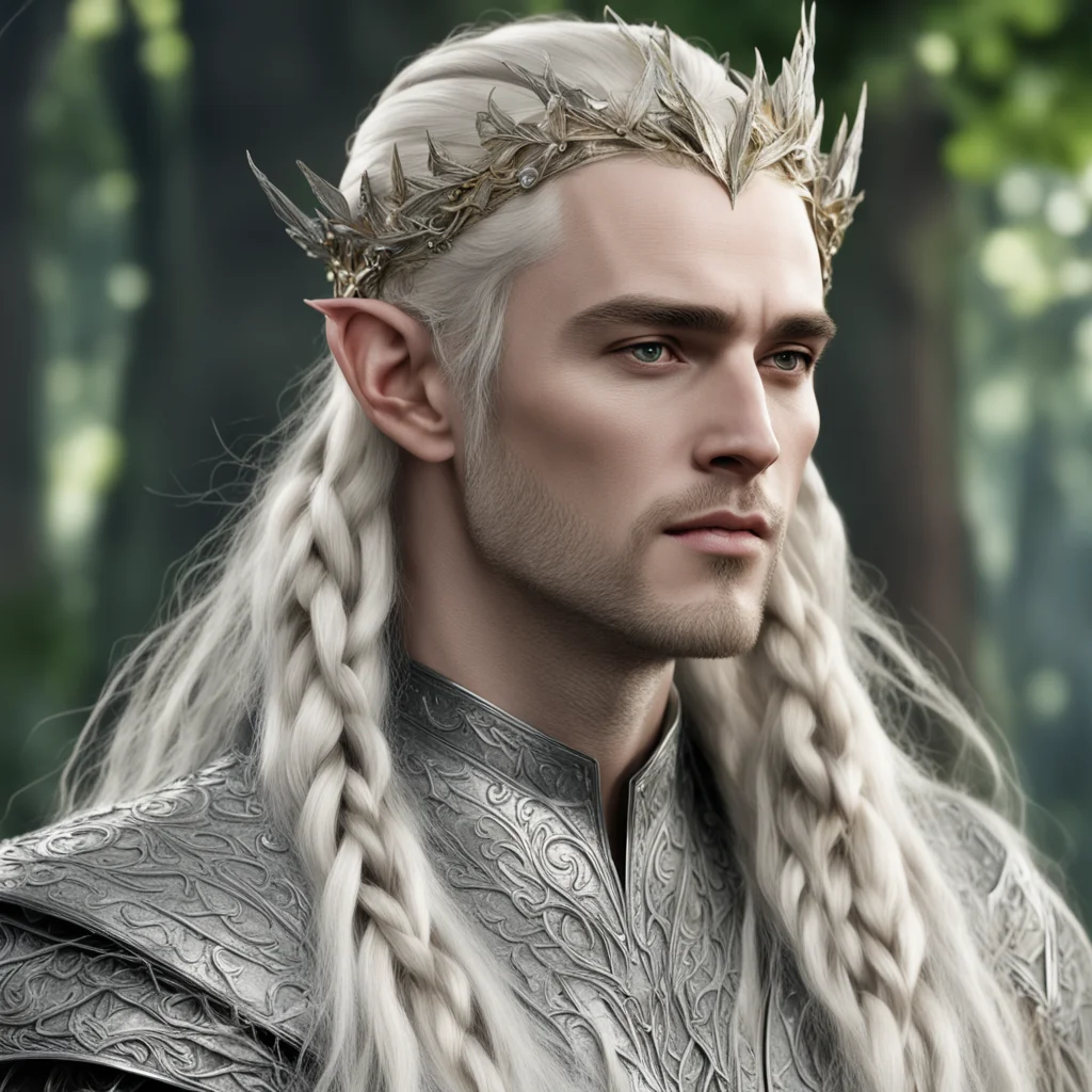 aiking thranduil with blond hair with braids wearing silver beech leaf elvish circlet encrusted with dianonds