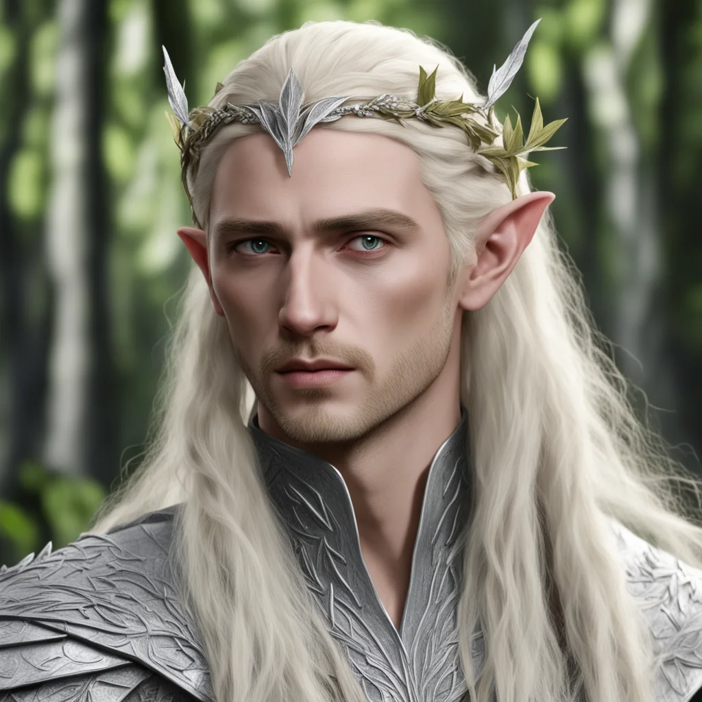aiking thranduil with blond hair with braids wearing silver birch leaf elven circlet with diamonds amazing awesome portrait 2