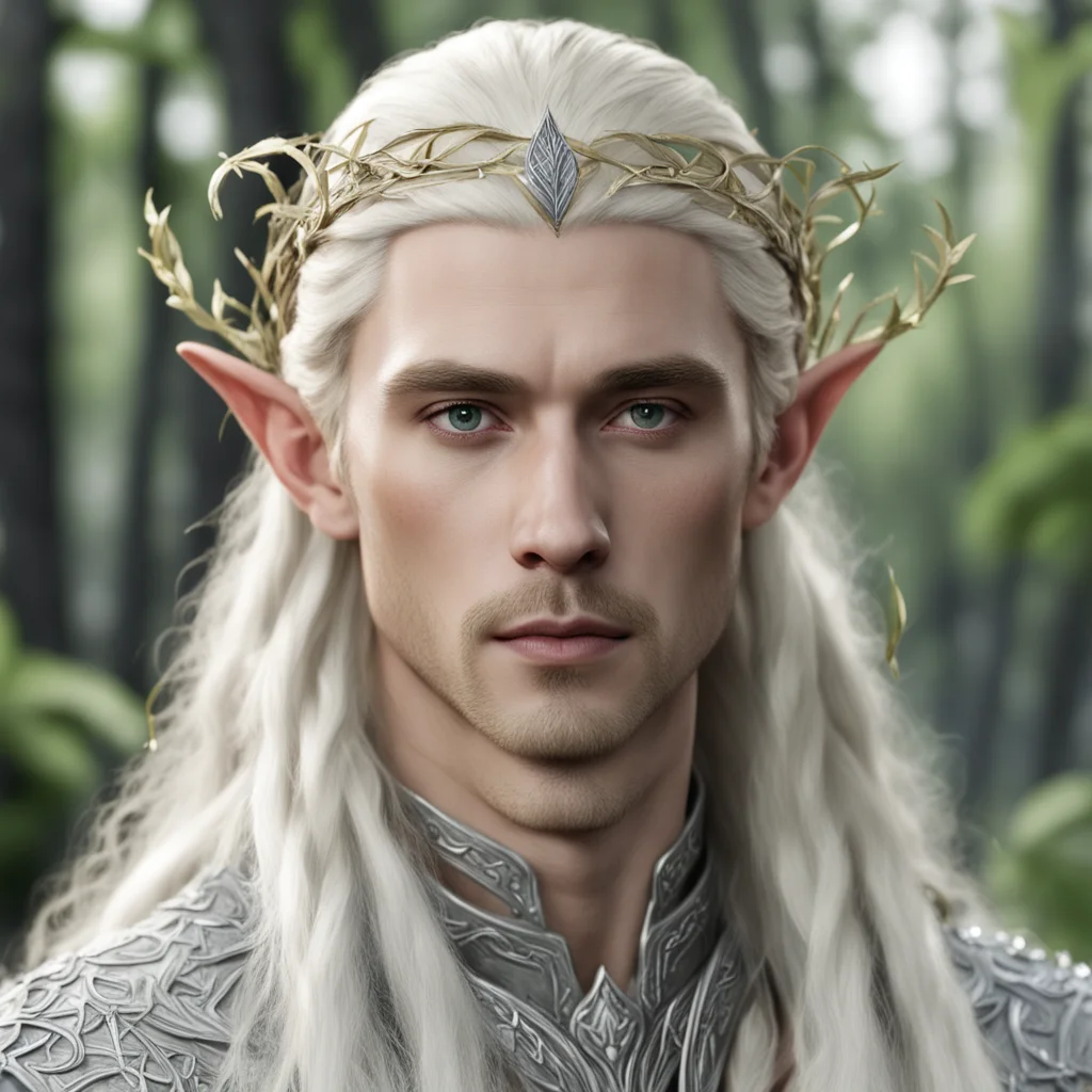 aiking thranduil with blond hair with braids wearing silver birch leaf elven circlet with diamonds confident engaging wow artstation art 3