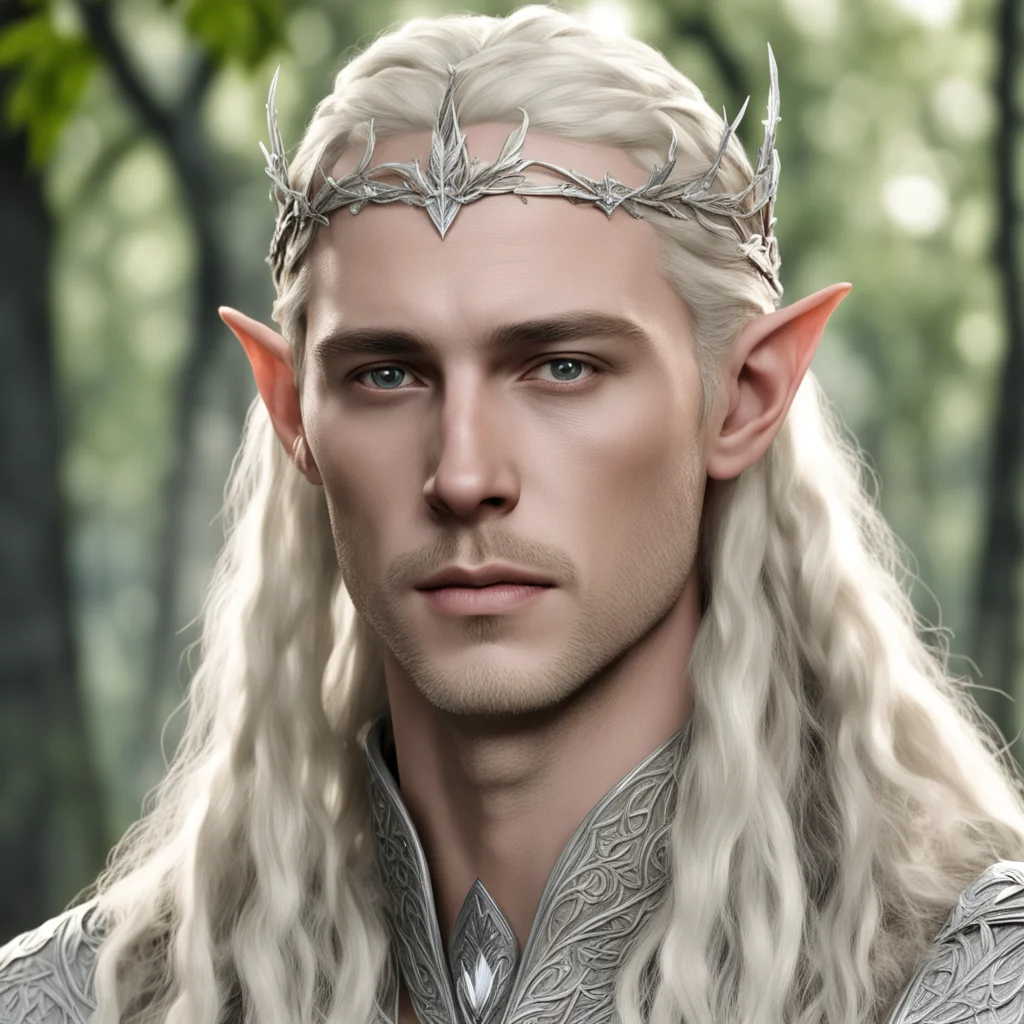 aiking thranduil with blond hair with braids wearing silver birch leaf elven circlet with diamonds good looking trending fantastic 1