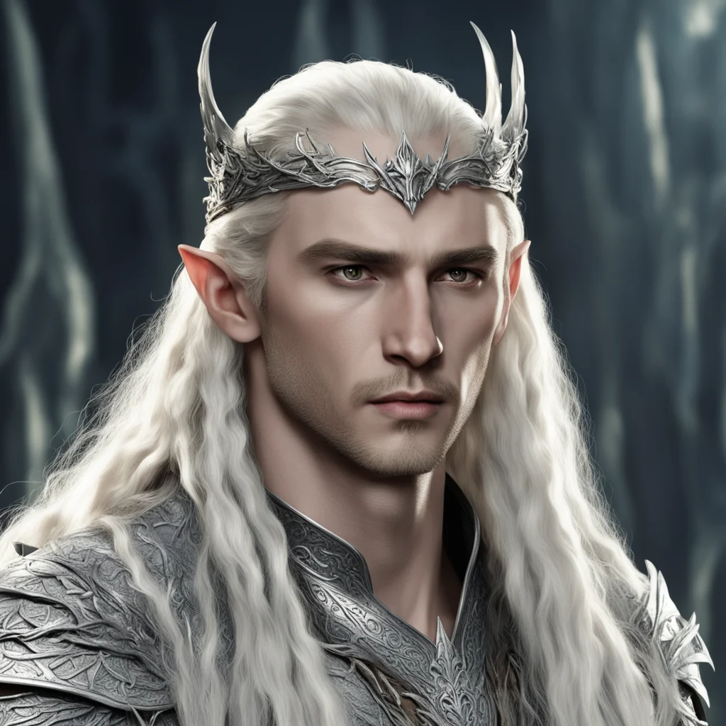 aiking thranduil with blond hair with braids wearing silver dragon elvish coronet heavily accented with diamonds