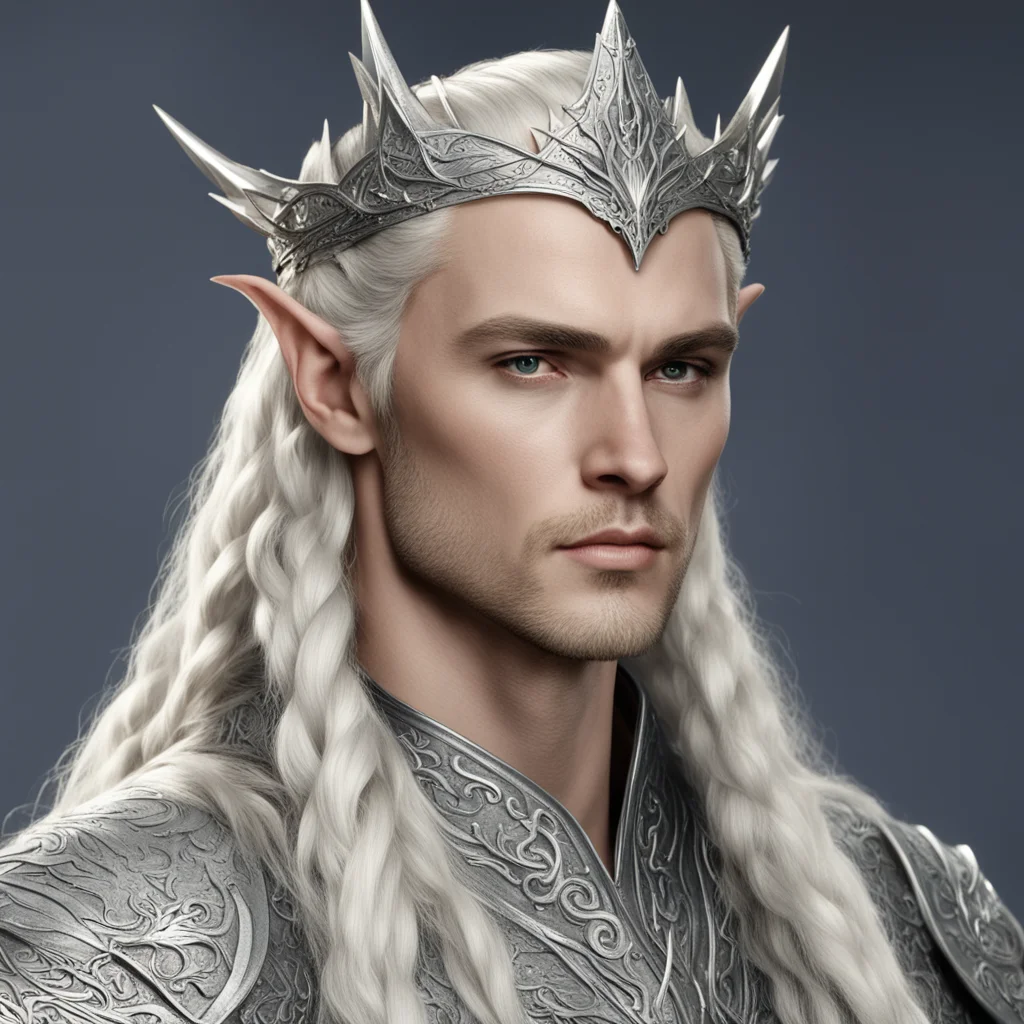 aiking thranduil with blond hair with braids wearing silver dragon elvish crown with diamonds good looking trending fantastic 1