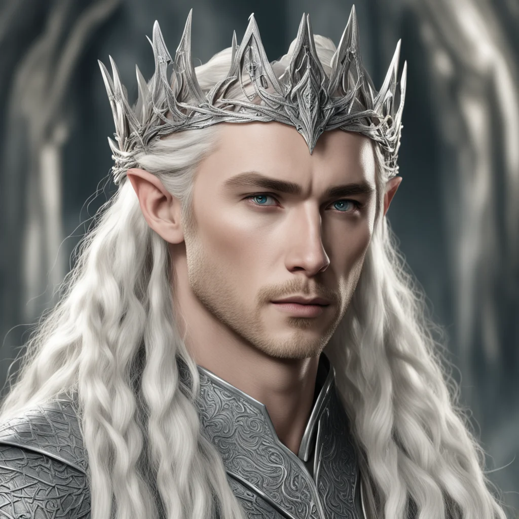 king thranduil with blond hair with braids wearing silver dragon elvish crown with diamonds
