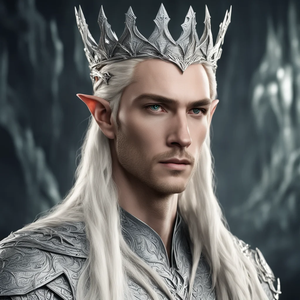 aiking thranduil with blond hair with braids wearing silver dragon elvish crown with large diamonds