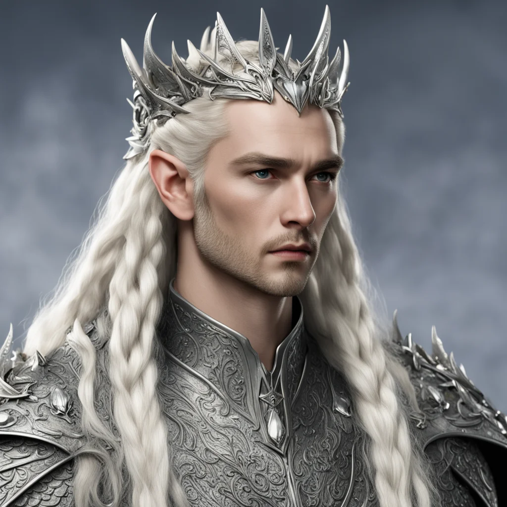 king thranduil with blond hair with braids wearing silver dragon figurines on elvish coronet with diamonds  confident engaging wow artstation art 3
