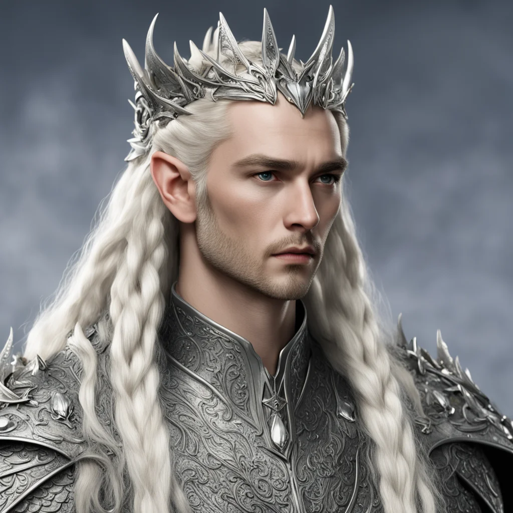 aiking thranduil with blond hair with braids wearing silver dragon figurines on elvish coronet with diamonds  confident engaging wow artstation art 3