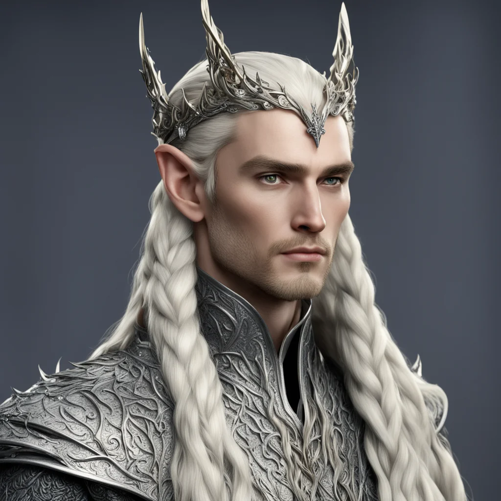 king thranduil with blond hair with braids wearing silver dragon figurines on elvish coronet with diamonds 