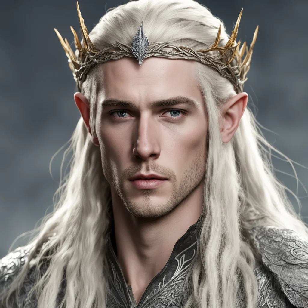 aiking thranduil with blond hair with braids wearing silver elm leaf elvish circlet with diamonds amazing awesome portrait 2