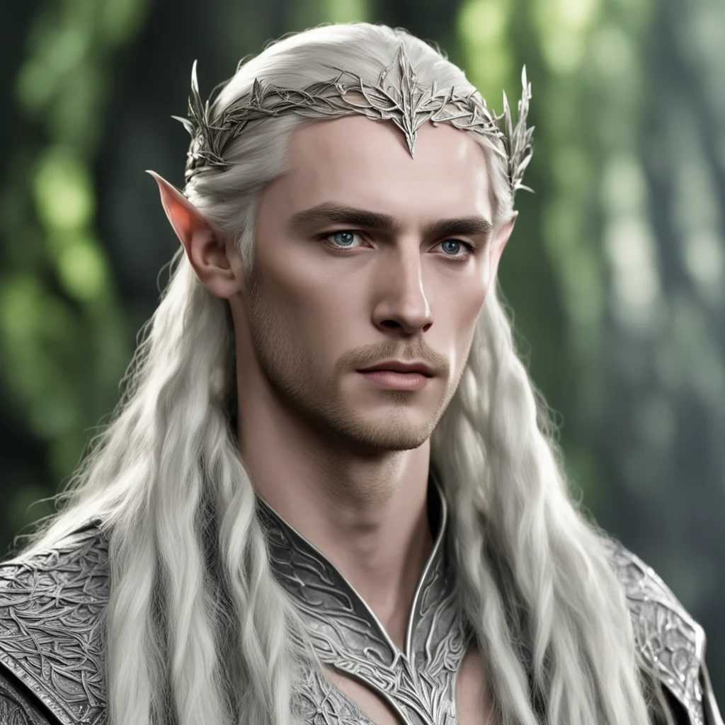 aiking thranduil with blond hair with braids wearing silver elm leaf elvish circlet with diamonds confident engaging wow artstation art 3