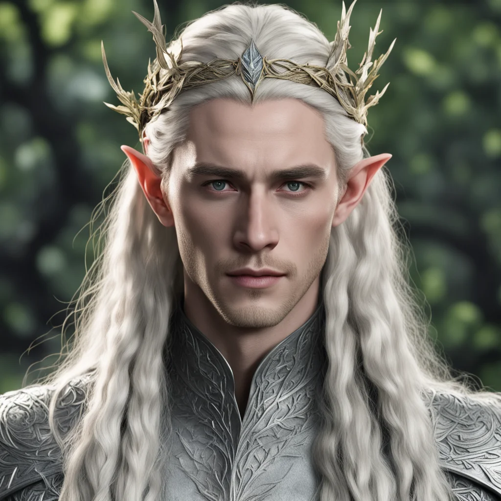 aiking thranduil with blond hair with braids wearing silver elm leaf elvish circlet with diamonds good looking trending fantastic 1