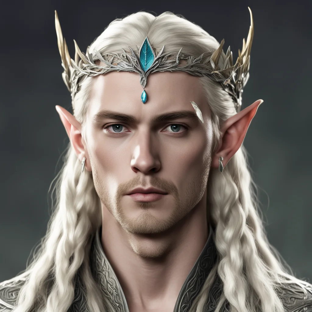 aiking thranduil with blond hair with braids wearing silver elm leaf elvish circlet with diamonds