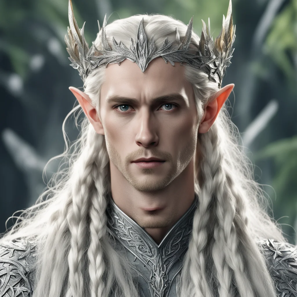 aiking thranduil with blond hair with braids wearing silver elvish circlet embellished with oak leaves made of silver encrusted with diamonds  amazing awesome portrait 2