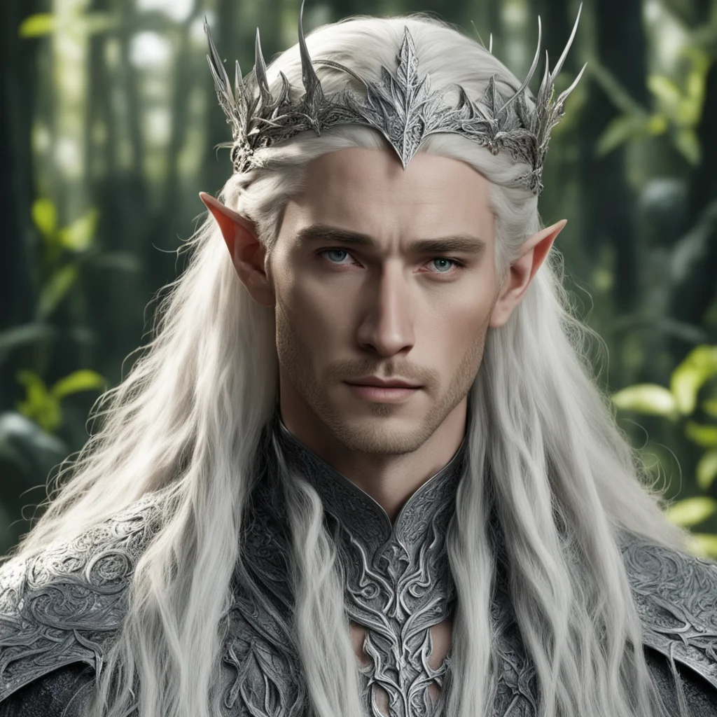 aiking thranduil with blond hair with braids wearing silver elvish circlet embellished with oak leaves made of silver encrusted with diamonds  confident engaging wow artstation art 3