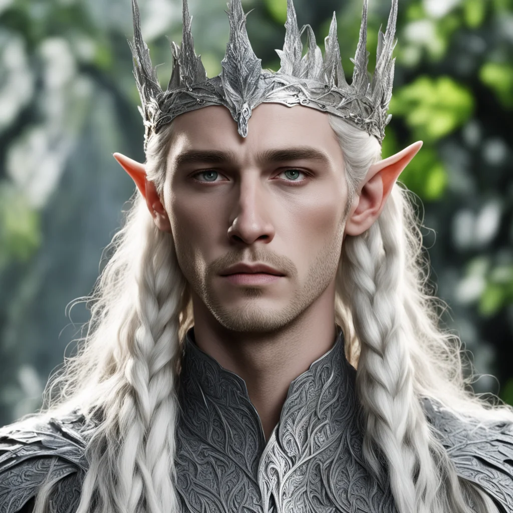 aiking thranduil with blond hair with braids wearing silver elvish circlet embellished with oak leaves made of silver encrusted with diamonds  good looking trending fantastic 1