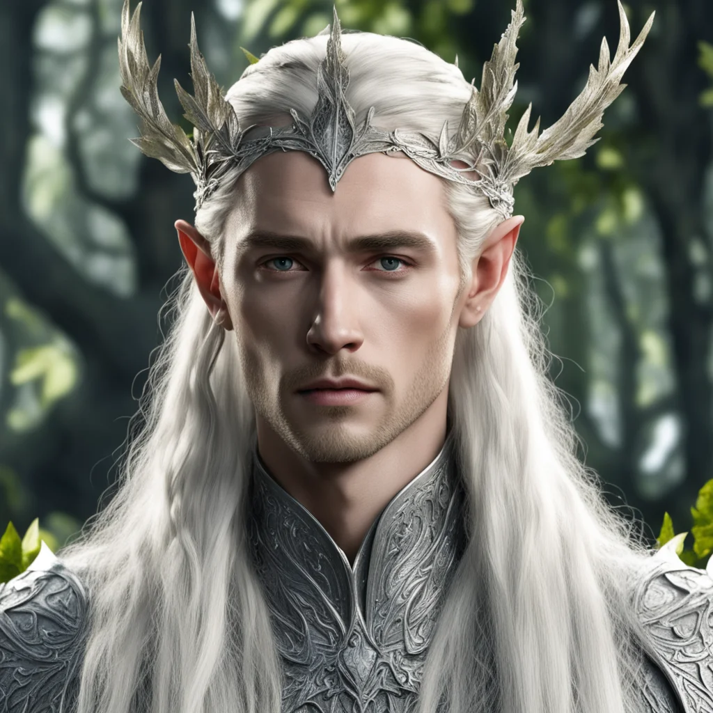 aiking thranduil with blond hair with braids wearing silver elvish circlet embellished with oak leaves made of silver encrusted with diamonds 
