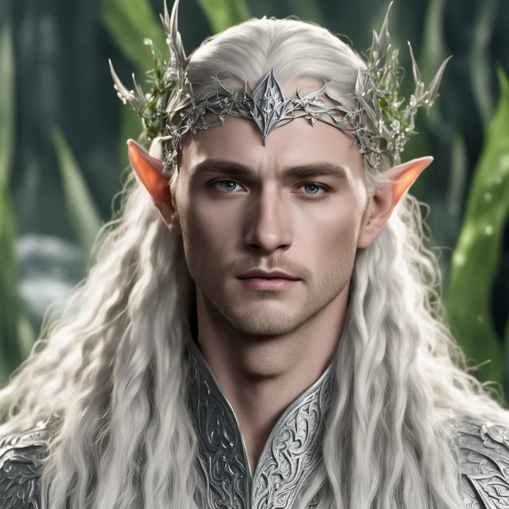 aiking thranduil with blond hair with braids wearing silver elvish circlet embellished with silver ivy leaves with diamonds amazing awesome portrait 2
