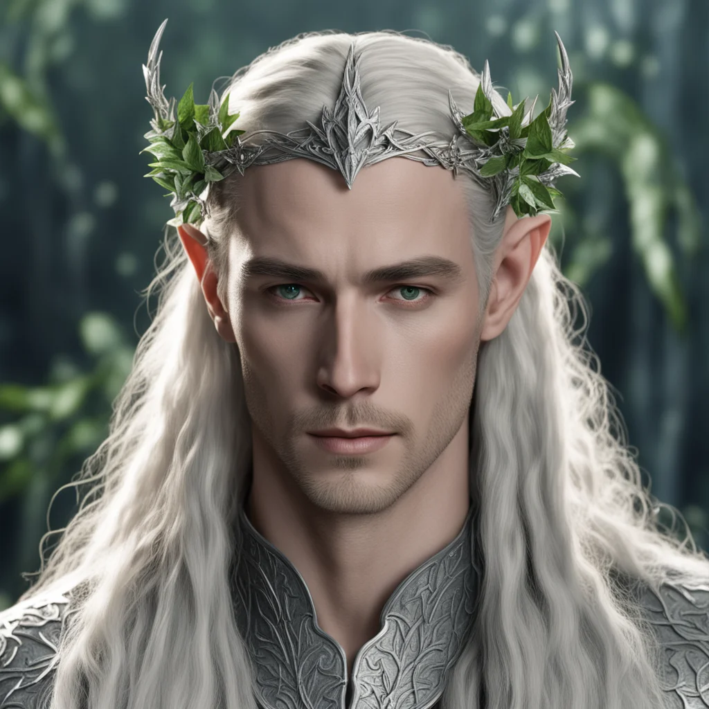 aiking thranduil with blond hair with braids wearing silver elvish circlet embellished with silver ivy leaves with diamonds good looking trending fantastic 1
