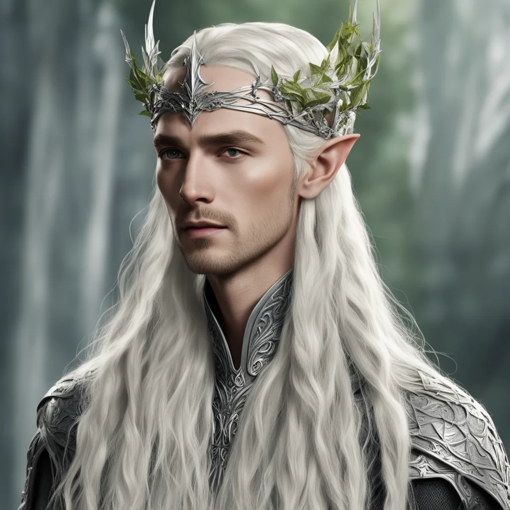aiking thranduil with blond hair with braids wearing silver elvish circlet embellished with silver ivy leaves with diamonds
