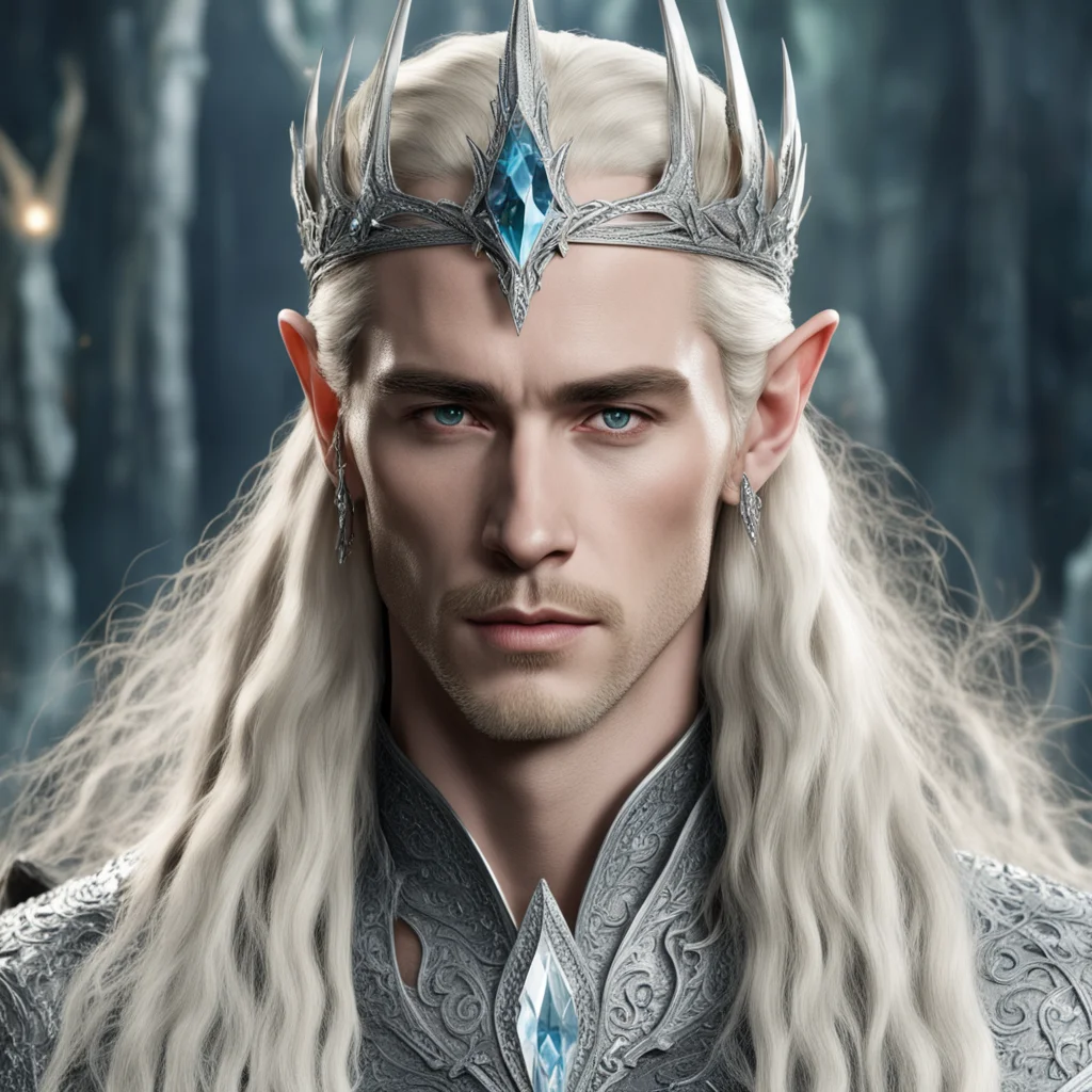 aiking thranduil with blond hair with braids wearing silver elvish circlet heavily encrusted with large diamonds with large center diamond amazing awesome portrait 2