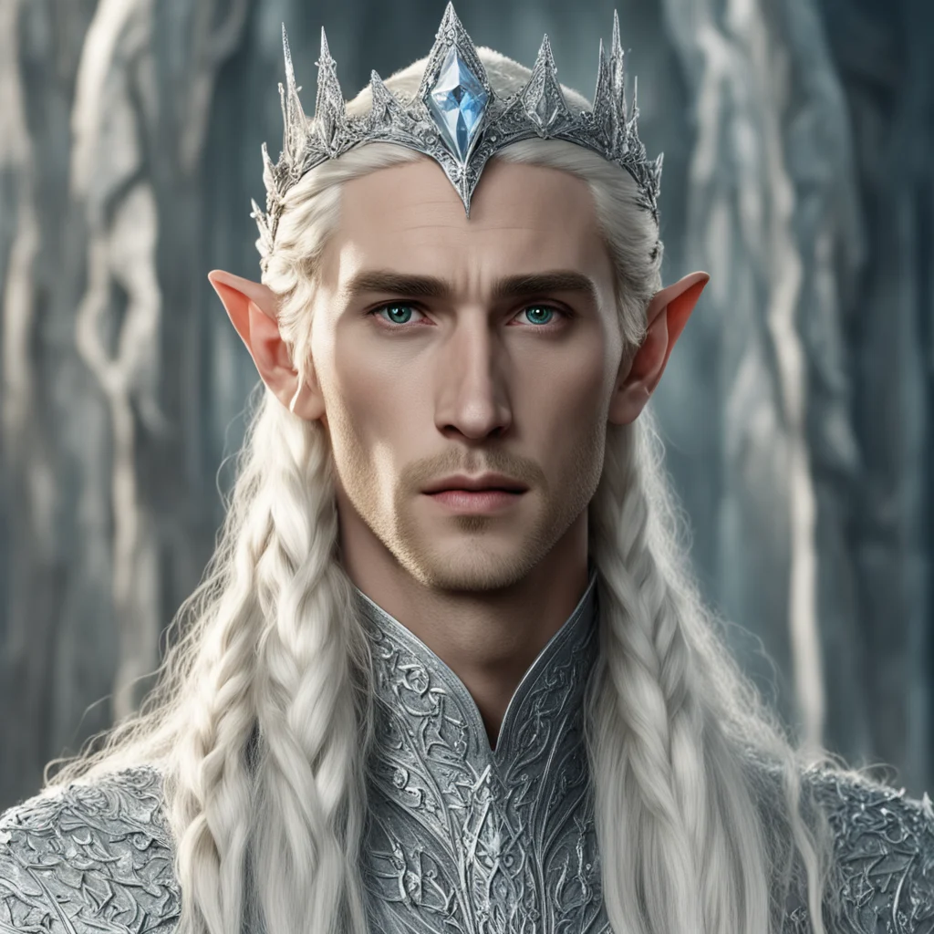aiking thranduil with blond hair with braids wearing silver elvish circlet heavily encrusted with large diamonds with large center diamond confident engaging wow artstation art 3