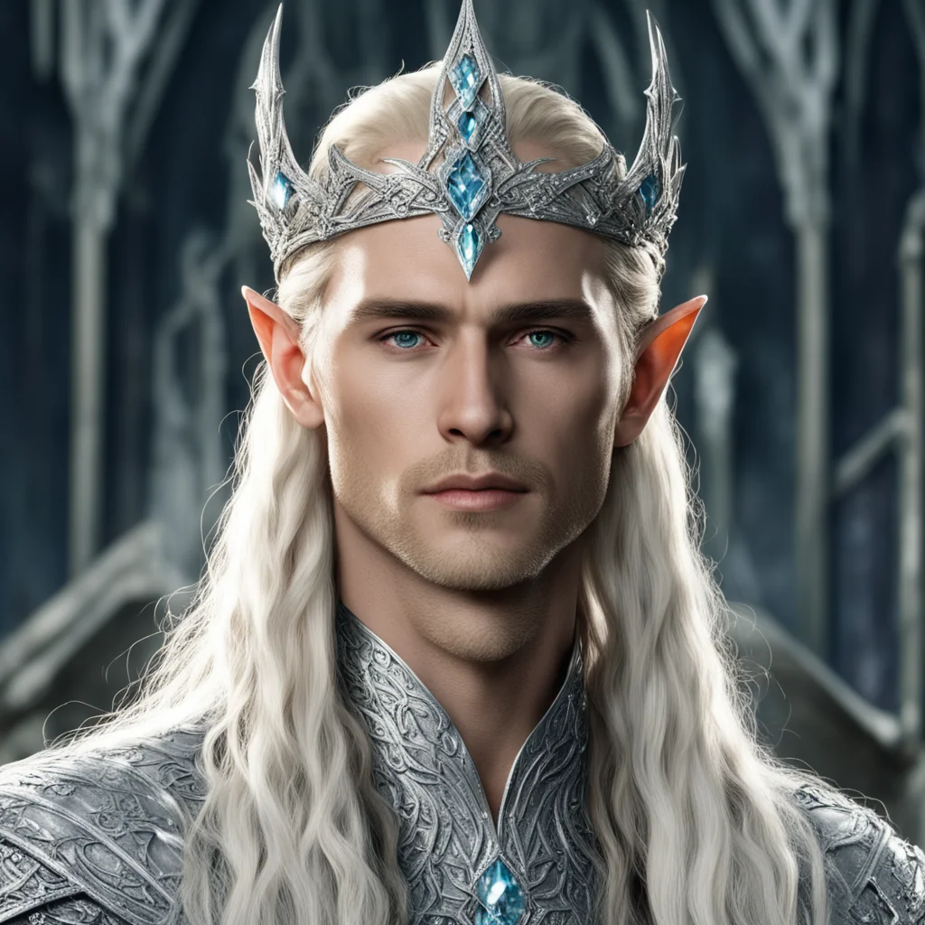 king thranduil with blond hair with braids wearing silver elvish circlet heavily encrusted with large diamonds with large center diamond good looking trending fantastic 1