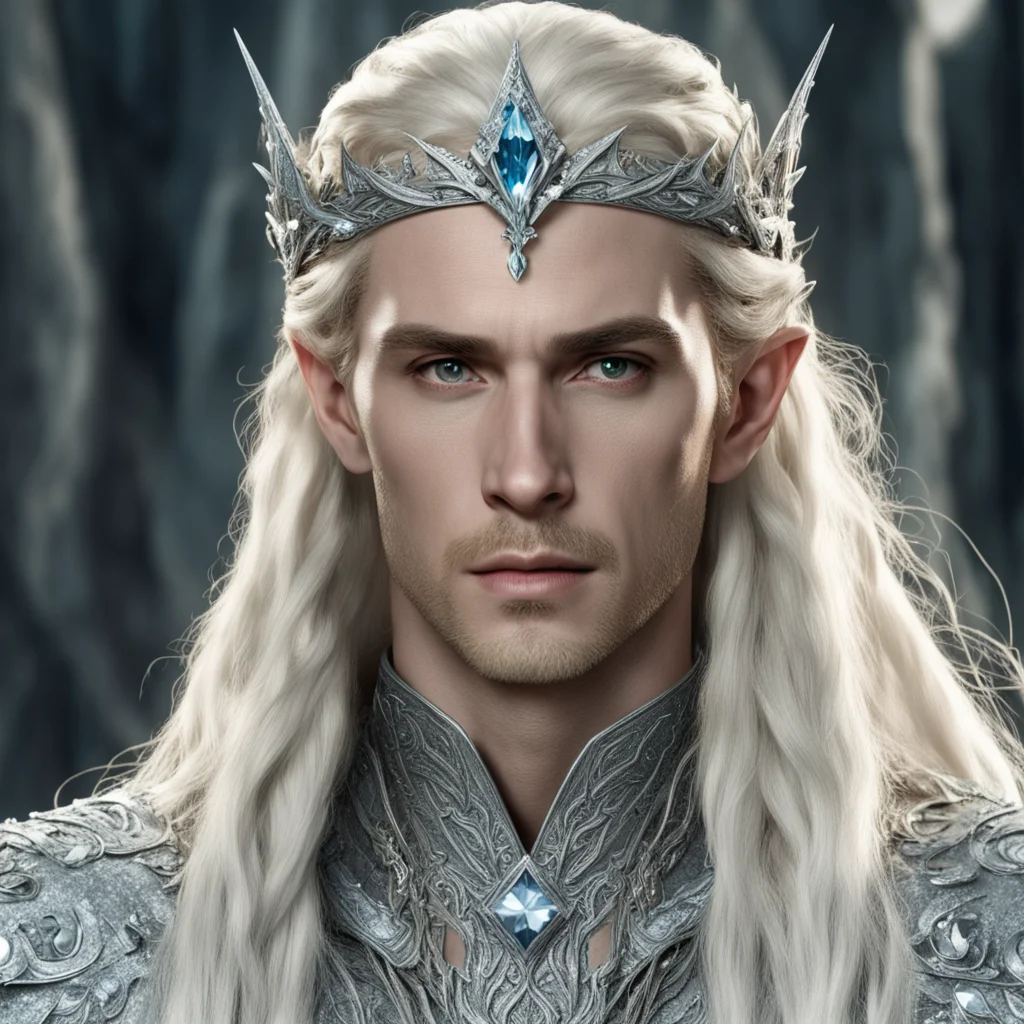 aiking thranduil with blond hair with braids wearing silver elvish circlet heavily encrusted with large diamonds with large center diamond