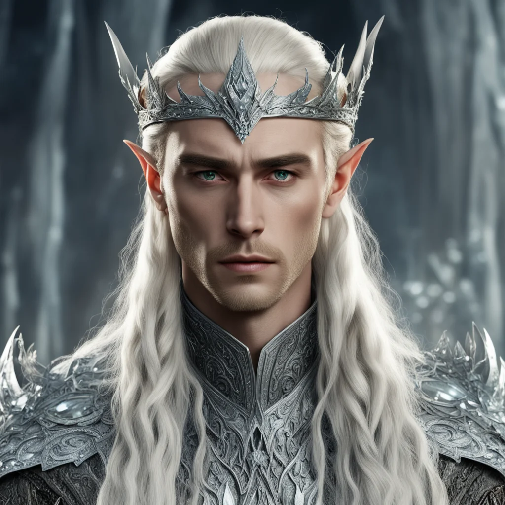 aiking thranduil with blond hair with braids wearing silver elvish circlet heavily encrusted with large diamonds